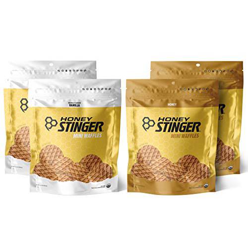 Honey Stinger Mini Waffles – Variety Pack With Sticker – 4 Count – 2 of Each Flavor – Energy Source for Any Activity – Honey & Vanilla - Resealable Bags