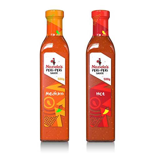 Nando’s PERi-PERi Hot Sauce Spicy Variety Pack Large - Flavorful Medium and Hot Sauce Set | Gluten Free | Non-GMO | Kosher | Keto - 17.6oz Bottle (2 Pack)