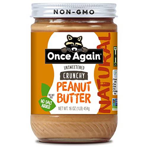 Once Again Natural, Crunchy Peanut Butter, 16oz - Salt Free, Unsweetened - Gluten Free Certified, Vegan, Kosher, Non-GMO Verified - Glass Jar