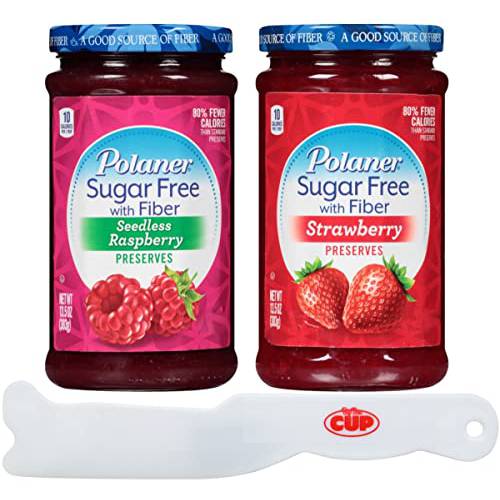 Polaner Sugar Free Strawberry and Seedless Raspberry Preserves, with Fiber, 13.5 Ounce (Pack of 2) with By The Cup Spreader