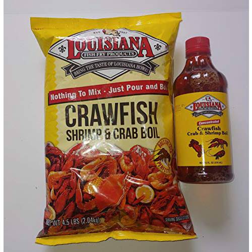 Louisiana Crawfish Shrimp and Crab Boil Bundle, one 4.5 Pound of powder Boil, and One 16 oz Bottle of Liquid Boil