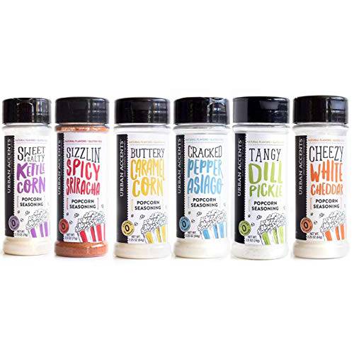 Gourmet Popcorn Seasoning Variety Pack, All Natural (6 Flavors) - Dill Pickle, White Cheddar, Kettle Corn, Caramel, Sriracha, Cracked Pepper Asiago
