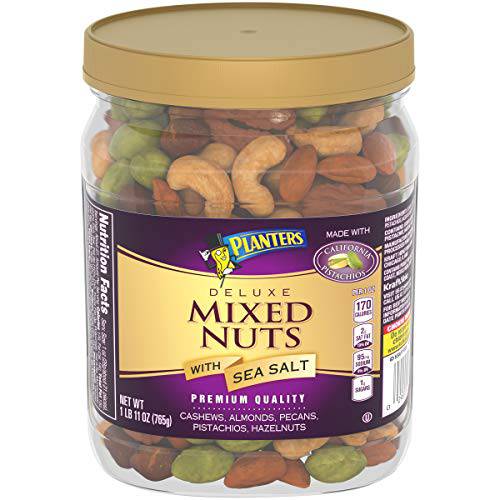 PLANTERS Deluxe Mixed Nuts with Sea Salt, 27 oz. Resealable Container - Variety Mixed Nuts Snacks with Cashews, Almonds, Pecans, Pistachios & Hazelnuts - Energy Boost - Kosher