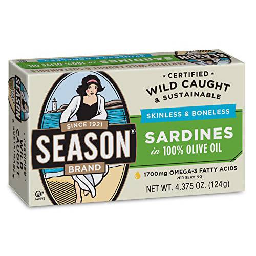 Season Sardines in Olive Oil - Sardines in Olive Oil Wild Caught, Canned Sardines, Omega-3 Fatty Acids, Salt Added, Skinless & Boneless, Sustainable Fresh Fish - 4.375 oz Tin, 12-Pack