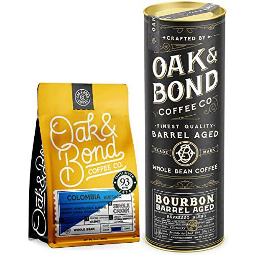 Oak & Bond Coffee Co. Colombia Single Origin and Espresso Bourbon Barrel Aged Coffee Bundle, Whole Bean Arabica - 22oz. Total