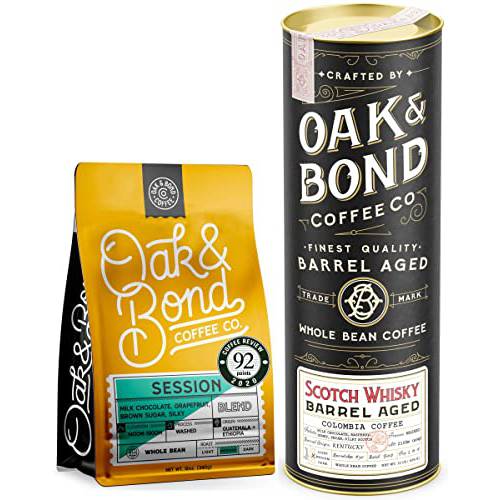 Oak & Bond Coffee Co. Session Blend and Scotch Whisky Barrel Aged Coffee Bundle - Whole Bean, 22oz. Total