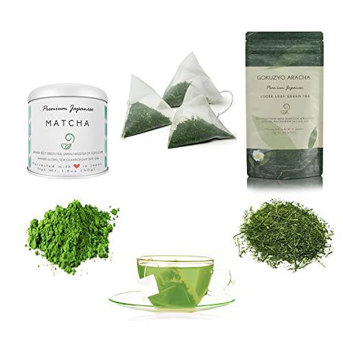 Matcha, Gokuzyo Aracha and Teabag Tea Set from Japanese Green Tea Co – Premium Japanese Green Tea Assortment – Non-GMO, Delicate Flavor - Ideal for Tea Lovers
