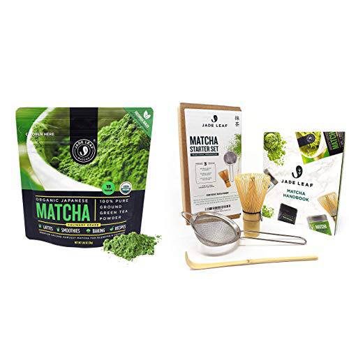 Jade Leaf Matcha + Tea Set Bundle - Organic Matcha Green Tea Powder Culinary Pouch (30g) and Traditional Matcha Starter Set