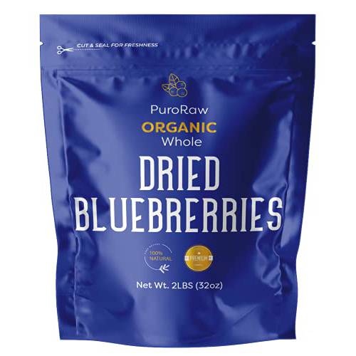 Dried Blueberries No Sugar Added, 2 lbs. Blue Berries Fruit, Dehydrated Blueberries Fresh Dried Blueberries Bulk, Blueberry Raisins. All Natural, Non-GMO, Batch Tested, 2 pounds, By PuroRaw.
