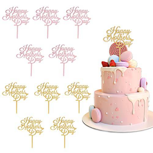 Happy Mother’s Day Cake Topper, 10 Pieces Acrylic Mother’s Day Cupcake Topper with Love Heart, Cake Picks Cake Decoration for Mom Day Birthday Party Supplies (Gold & Pink)
