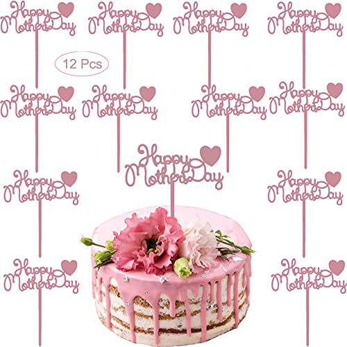 Winbao12 Pcs Happy Mother’s Day Cake Topper Acrylic Cake Topper Mother’s Day Cupcake Topper Heart Shaped Cake Picks Cake Accessories for Birthday Mother’s Day Gifts Cake Decoration Party Rose Gold