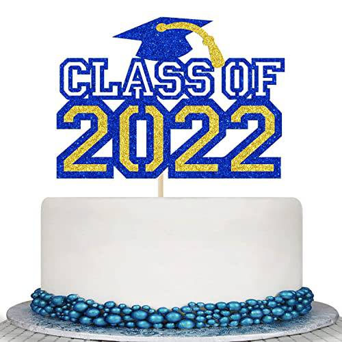 Glitter Class of 2023 Cake Topper - Congrats Grad Decorations - 2023 High School/College/University Graduation Party Decoration Supplies, Blue and Gold