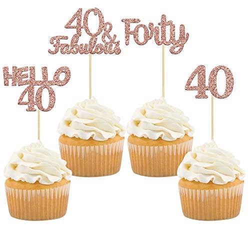 Gyufise 24 Pack Glitter 40th Birthday Cupcake Toppers Hello 40 Forty Cake Decorations 40 & Fabulous Cupcake Picks for 40th Birthday Cake Decorations Supplies Rose Gold