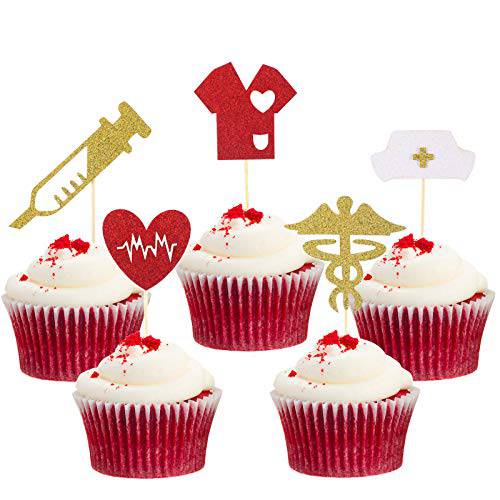 50 Pieces Nursing Cupcake Toppers Glitter Nurse Graduation Cupcake Toppers and Picks Decorations with Nurse Cap Heart Design for Theme Party Supplies, 5 Styles