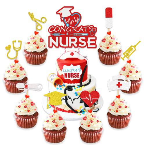 Nurse Graduation Decorations 2022,25Pc Nursing Graduation Party Supplies with 1pc Nurse Cake Topper and 24pc Nurse Cupcake Toppers for Nurse Party Decorations
