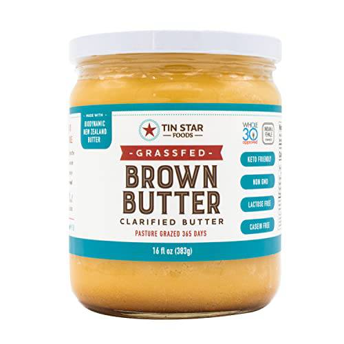 Tin Star Foods Grassfed Biodynamic Brown Butter –365 Pasture Grazed, Hand Crafted Clarified Butter – Keto, Whole 30 and 21 Day Detox Approved, Lactose Free, Casein Free – 16 fl oz.