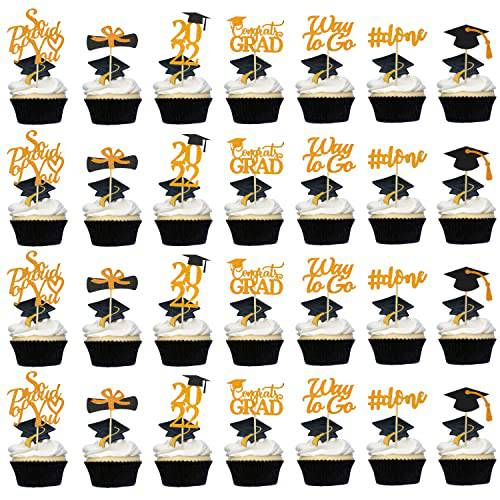 Graduation Cupcake Toppers 2022 Orange, Glitter Class of 2022 Cupcake Toppers Supplies, Class of 2022 Congrats Grad Cap Diploma Cupcake Picks for Graduation Party Decorations 2022 Orange and Black - 35Pcs