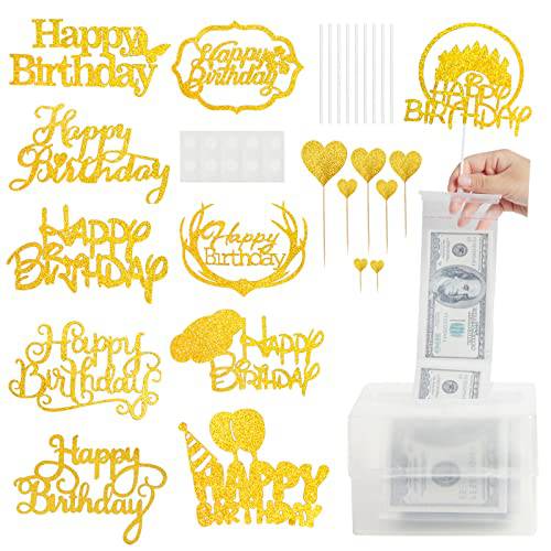 Qfeley 138 Pieces Cake Pulling Money Box Kit, Cake Money Pull Out Box with 120pc Transparent Bags, 10pc Happy Birthday Cake Toppers and 7pc Glitter Heart Cake Toppers, Pulling Money Surprise Box Set