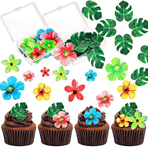 83 Pieces Tropical Turtle Leaves and Flowers Cupcake Toppers Set Palm Leaf Mini Flowers Cupcake Picks Hawaii Theme Cake Decorations for Jungle Summer Party Birthday Wedding Cake Decor