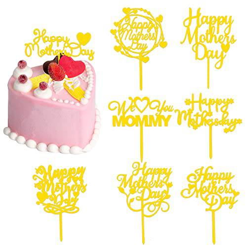 HADDIY Happy Mother’s Day Cake Toppers,8 Pcs Gold Acrylic Cake Decoration Topper for Mom Birthday Mother Day Party Favors