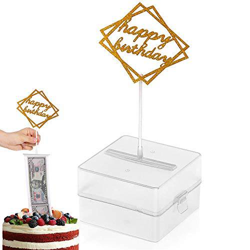 The Money Cake, Cake Money Box-Cake Money Pull Out Kit Includes 1Pc Clear Food-Contact Safe Box, 1Pc Gold Cake Topper, 20Pcs Pockets for Birthday Party Cake Decorations