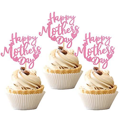24 PCS Happy Mother’s Day Cupcake Toppers with Glitter Heart Love Mother Best Mom Cupcake Picks for Happy Mother’s Day Theme Women Birthday Party Cake Decorations Supplies Pink