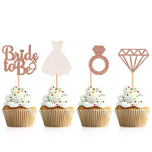 Donoter 48 Pcs Glitter Bride to be Cupcake Toppers Diamond Ring Wedding Dress Cupcake Picks for Wedding Engagement Bridal Shower Party Decorations