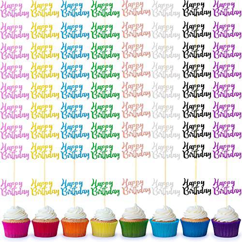 64 Pieces Happy Birthday Cupcake Toppers Glitter Birthday Cake Topper Picks Dessert Topper Decoration for Birthday Party Anniversary Celebration, 8 Colors