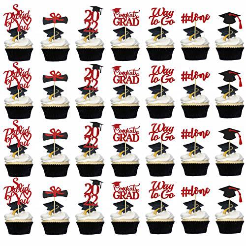 Graduation Cupcake Toppers 2022 Red, Glitter Class of 2022 Cupcake Toppers Supplies, Class of 2022 Congrats Grad Cap Diploma Cupcake Picks for Graduation Party Decorations 2022 Red and Black - 35Pcs