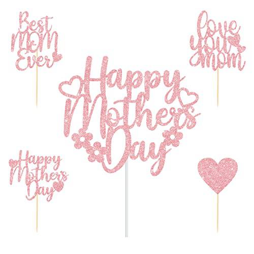 CAVLA 25 Pieces Happy Mother’s Day Cake Topper and Mother’s Day Cupcake Toppers Rose Gold Glittery Mothers Day Cupcake Picks Cake Decorations Love You Mom Best Mom Ever Party Cupcake Decorations