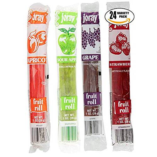 Joray Fruit Roll Variety Pack. Apricot, Strawberry, Sour Apple, Grape, 1 oz Fruit Leather (Total of 24 Fruit Rolls)