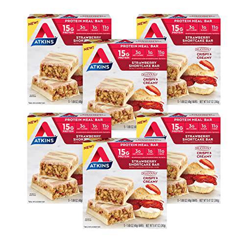 Atkins Strawberry Shortcake Protein Meal Bars, Rich in Fiber, Keto Friendly, 5 Count (Pack of 6)