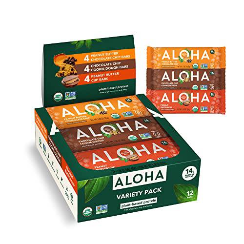 ALOHA Organic Plant Based Protein Bars - Peanut Butter & Cookie Dough Variety Pack - 12 Count, 1.9oz Bars - Vegan Snacks, Low Sugar, Gluten-Free, Low Carb, Paleo, Non-GMO, Stevia-Free, No Sugar Alcohols (Peanut Butter & Cookie Dough)
