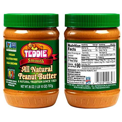 Teddie All Natural Peanut Butter, Smooth, Gluten Free & Vegan, 16 Ounce Plastic Jar (Smooth, Pack of 2)