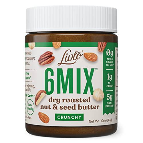 Livlo 6Mix Keto Nut Butter - Contains 6 Nuts including Macadamias, Almonds & Pecans - 5g Plant Protein & No Added Sugar – Dry Roasted, Low Carb & Paleo Friendly - Crunchy, 10 oz