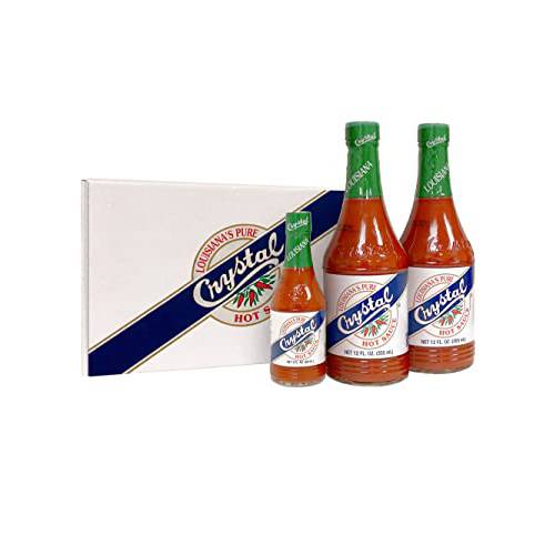Crystal Hot Sauce Louisiana Original (Pack of 3). 12 fl oz Bottle (2 Count) + 3 fl oz TO GO BOTTLE (1 Count). Conveniently Packed in Crushproof Gift Box. Gluten-Free, Vegan, Low Sodium. Atrevo Bundle. No Broken Glass.
