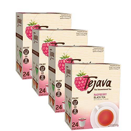 Tejava Raspberry Black Iced Tea Pods, 96 Pack Single Serve Cups, Keurig K-Cup Compatible, Hot or Cold, Unsweetened, Non-GMO, Kosher, No Sugar or Sweeteners, No calories, No Preservatives