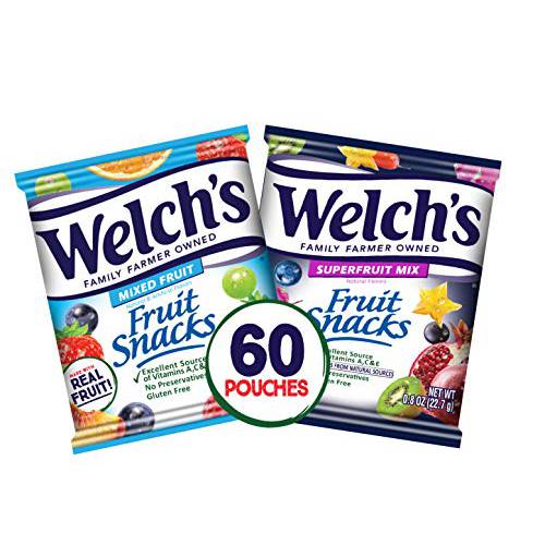 Welch’s Fruit Snacks, Mixed Fruit & Superfruit Bulk Variety Pack, Gluten Free, 0.8 oz Individual Single Serve Bags (Pack of 60)