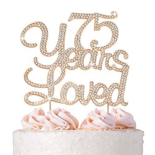 75 Cake Topper - Premium Rose Gold Metal - 75 Years Loved - 75th Birthday Party Sparkly Rhinestone Decoration Makes a Great Centerpiece - Now Protected in a Box