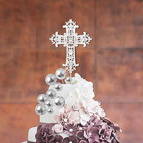 11 PCS Cross Cake Toppers, Cross Cake Decorations with Silver Balls cake Topper for Religious Wedding, Baptism, Christening, Dedication, First Communion, Christian Decoration