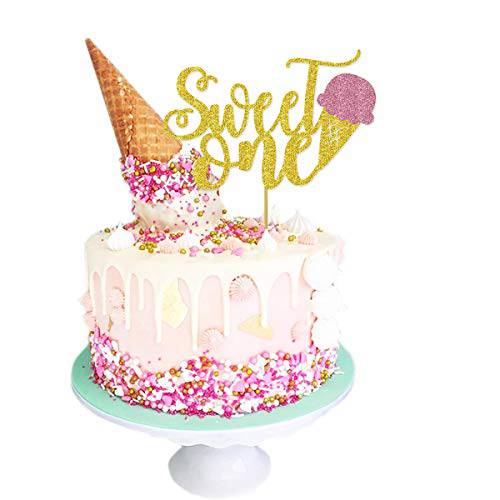Ice Cream Sweet One Cake Topper Double-Sided Glitter for Babies’ Ice Cream First Birthday Party Supplies Decorations