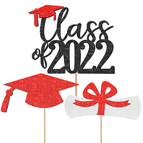 3pcs Glitter Red Graduation Cake Topper 2022 Class Of 2022 Cake Topper Congrats Grad We Are Proud of You Theme Graduation Party Supplies Decorations 2022 Graduation Cake Decorations