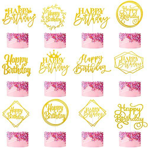 36 Pieces 12 Styles Happy Birthday Cake Toppers Birthday Cupcake Toppers Glitter Paper Cake Toppers Glitter Happy Birthday Sign Cake Decorations for Birthday Party Cake Dessert Pastry Decor (Gold)