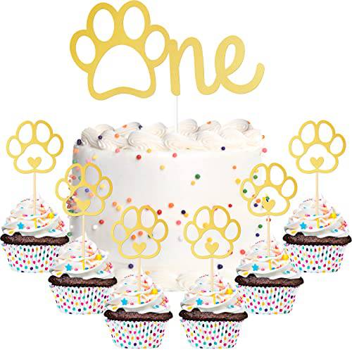37 Pieces Gold Paw One Cake Topper Dog Birthday Party Supplies One Glitter 1st Birthday Cake Topper Puppy Dog Cupcake Toppers Set of 36pcs Pet Puppy Dog Birthday Party Decorations