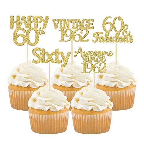 Gyufise 30Pcs Gold Glitter 60th Birthday Cupcake Toppers Glitter Vintage 1963 Awesome 1963 60 Fabulous Happy 60 Cheers to 60 Years Birthday Cupcake Picks 60th Birthday Anniversary Cake Decorations