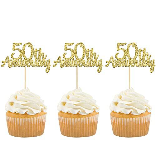 Gyufise 24 Pack 50th Anniversary Cupcake Toppers Picks Gold Glitter Happy 50th Anniversary Cake Decorations for 50th Wedding Retirement Anniversary Party Cake Decorations