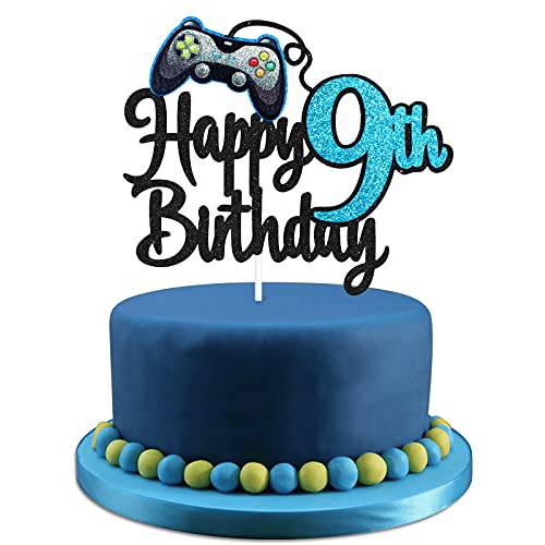 Video Game Happy 9th Birthday Cake Topper - Video Game Boy’s 9th Birthday Party Blue Cake Supplies - Game On Level Up Winner Party Decoration
