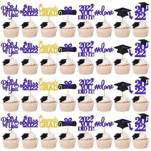 MZ.ogm 40Pcs Graduation Cupcake Toppers 2022 Purple, Glitter Class of 2022 Cupcake Toppers, Graduation Cupcake Picks, Congrats Cupcake Toppers, Graduation Party Decorations 2022 Purple and Gold