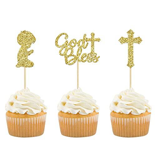Gyufise 24Pcs Gold Glitter Boy God Bless and Baptism Cupcake Toppers Cross Babyshower Cupcake Picks Christian Party Decoration Supplies