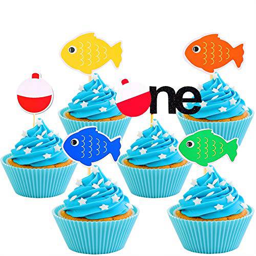 JeVenis 30 PCS The Big One Cake Topper Fishing Cupcake Topper Ofishally One Cupcake Topper Fishing Theme Decoration Supplies for First Birthday Party